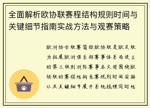 全面解析欧协联赛程结构规则时间与关键细节指南实战方法与观赛策略