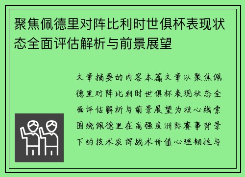 聚焦佩德里对阵比利时世俱杯表现状态全面评估解析与前景展望